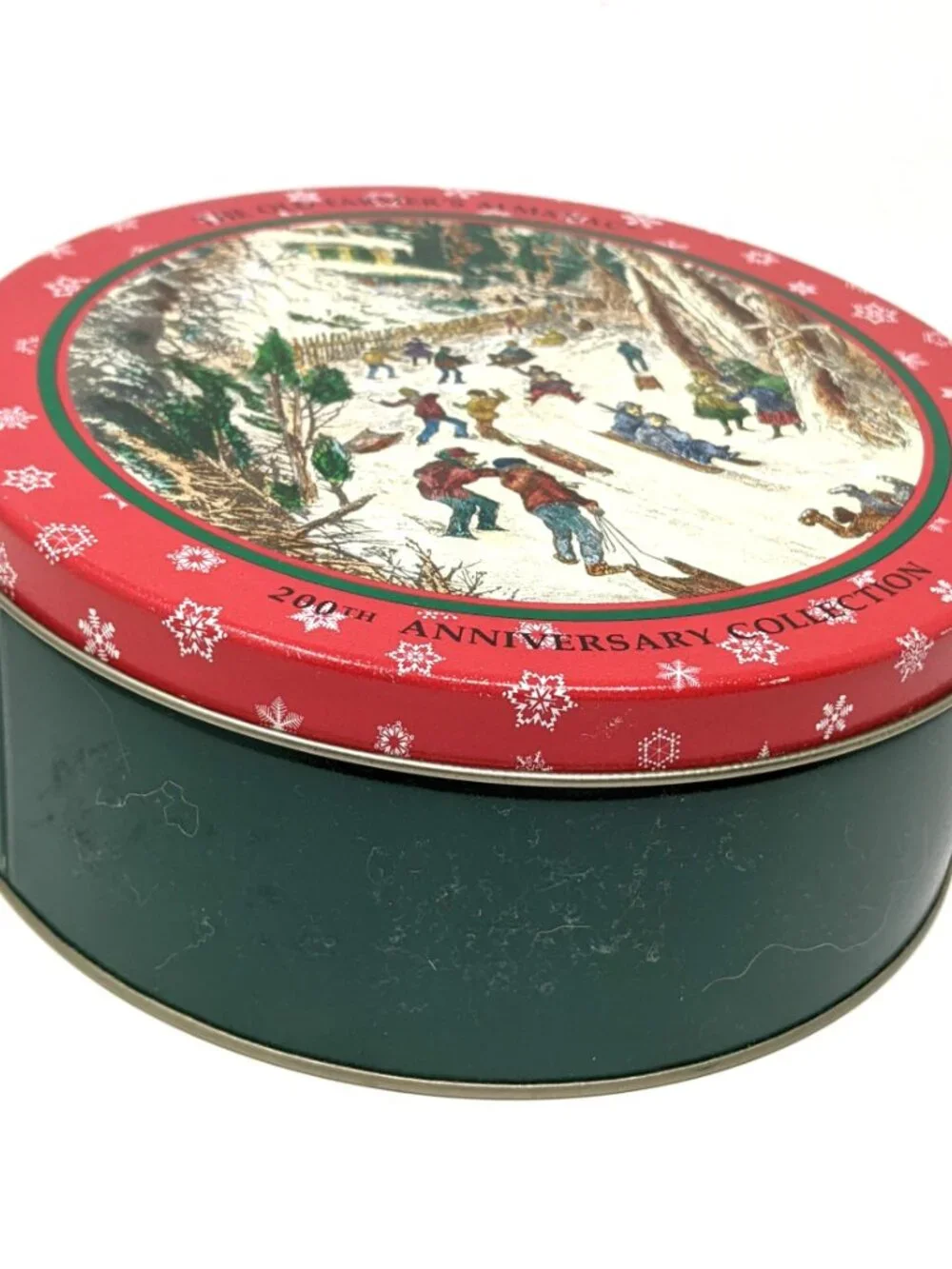 Old Farmers Almanac Christmas Cookie Tin 200th Anniversary 1992 8x3 Sledding